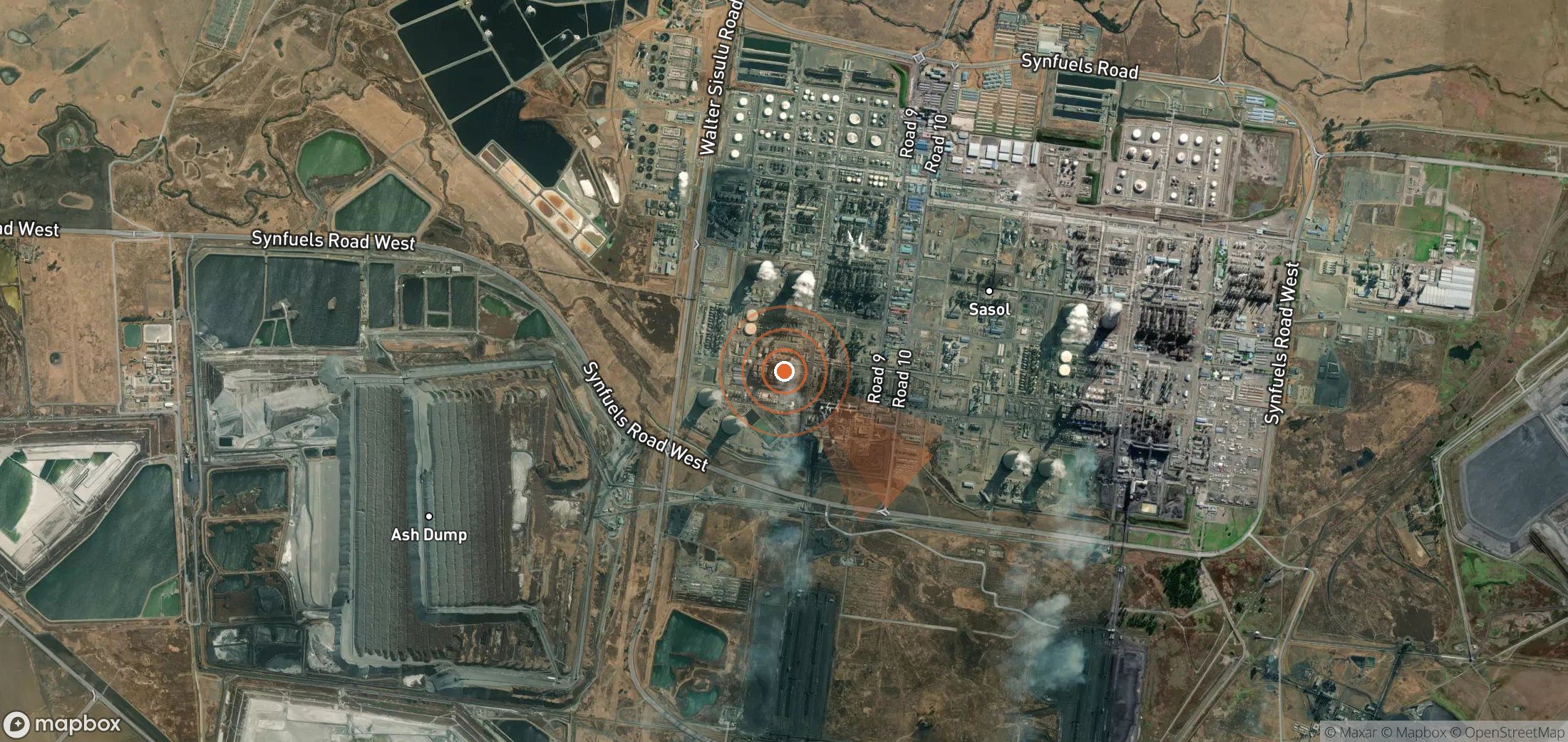 Satellite map of methane plume locations in South Africa