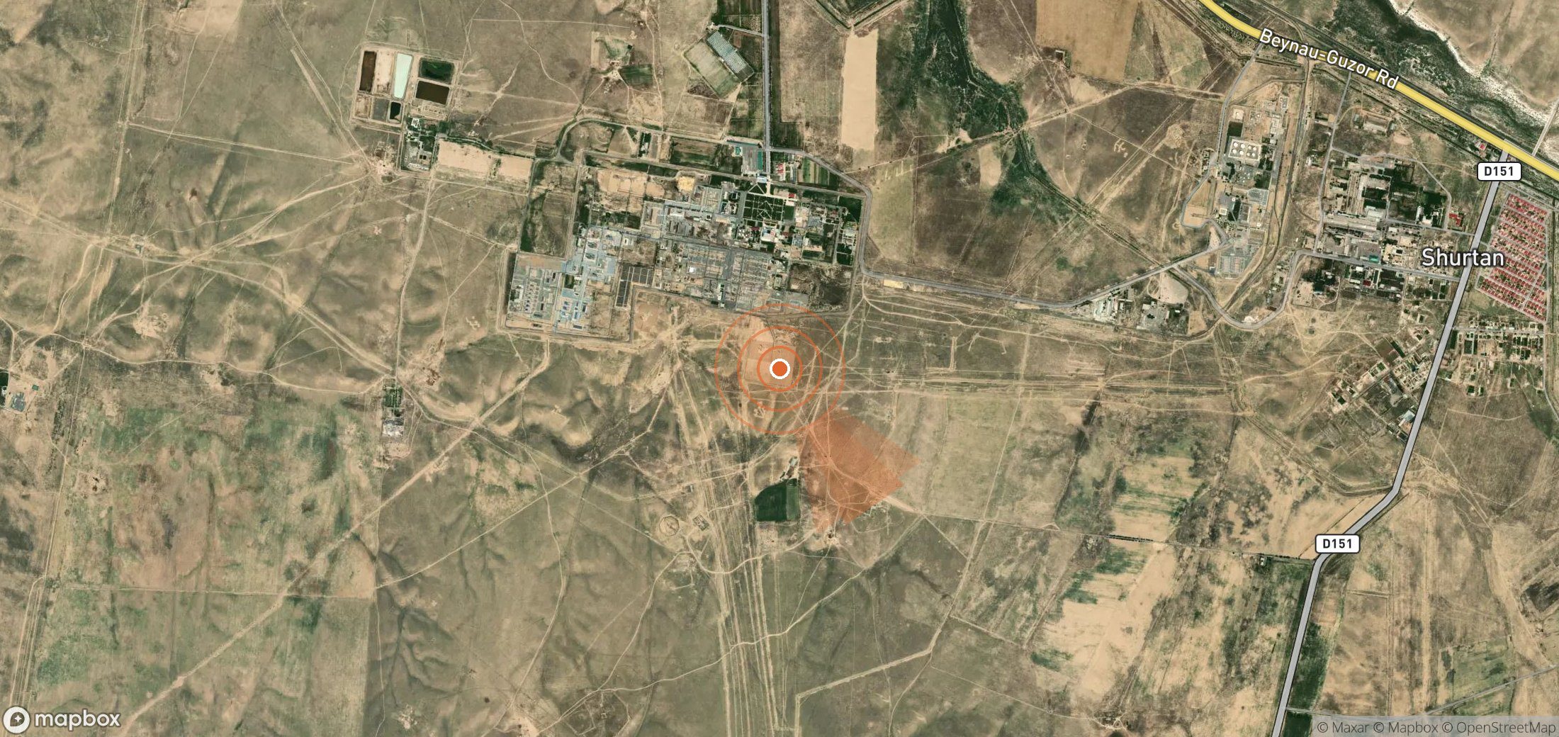Satellite map of methane plume locations in Uzbekistan
