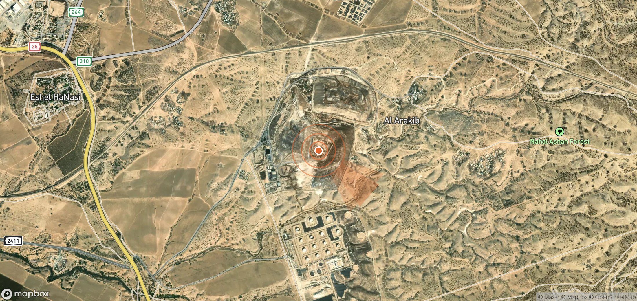 Mapa satelital de plumas de metano en Israel