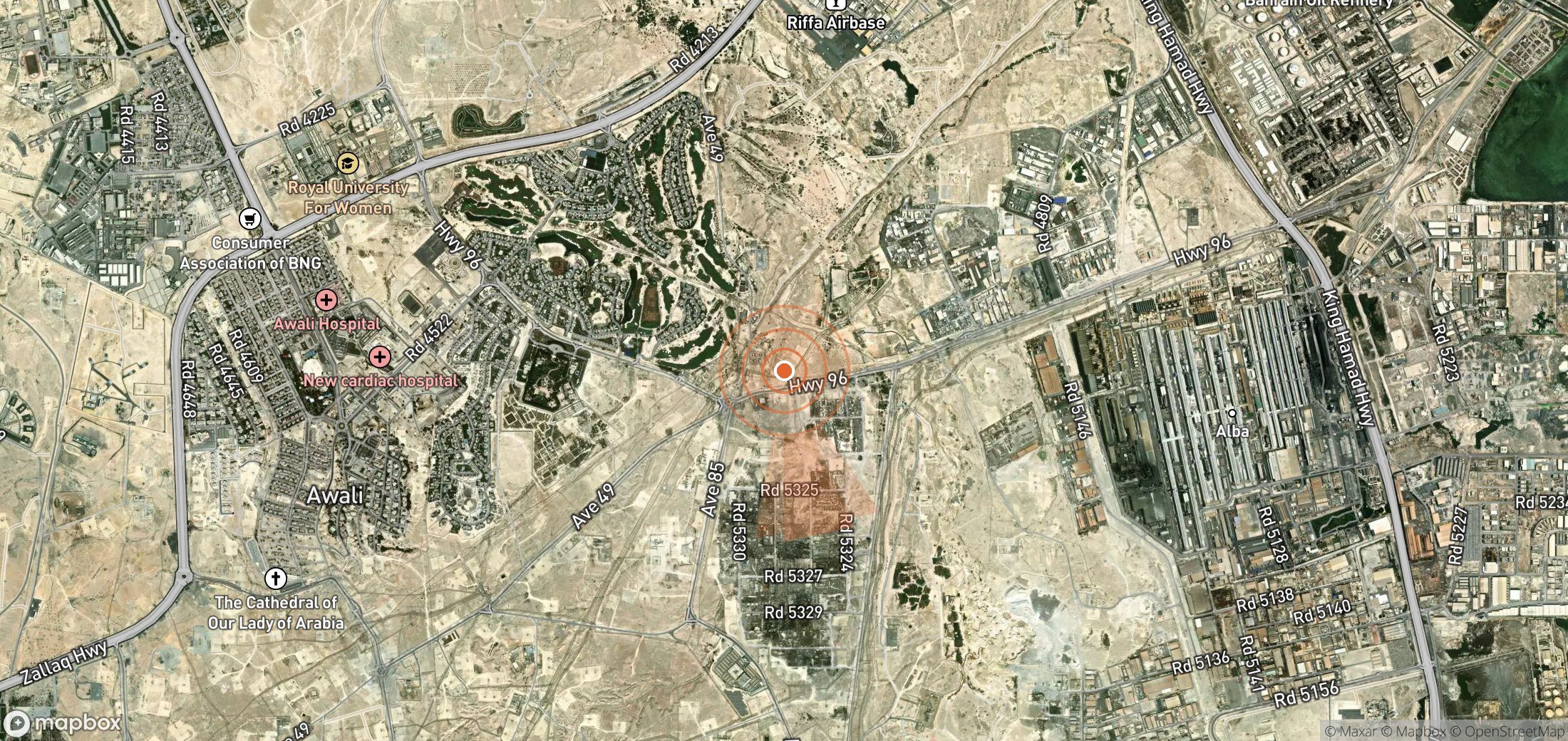 Satellite map of methane plume locations in Bahrain