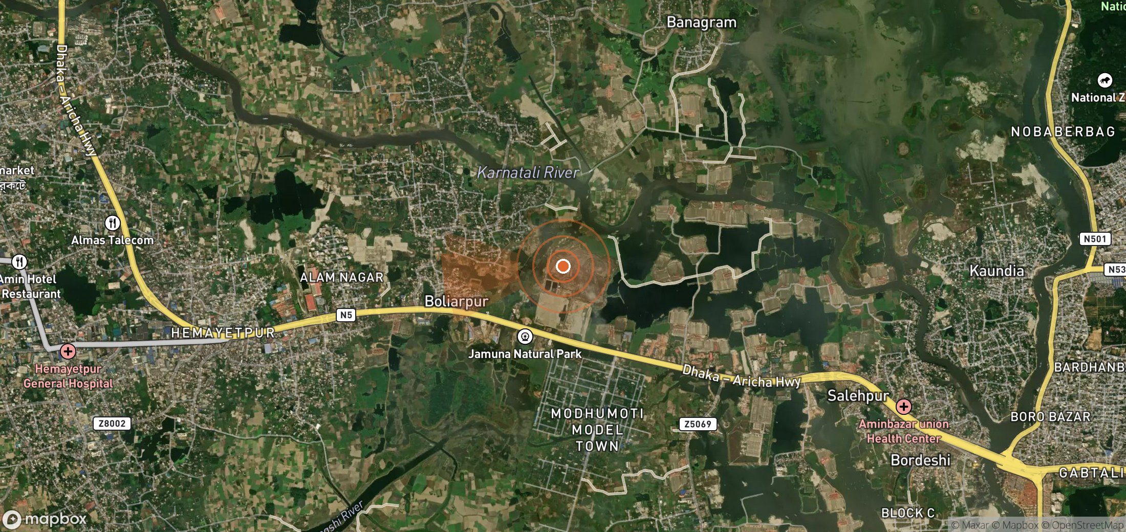 Satellite map of methane plume locations in Bangladesh