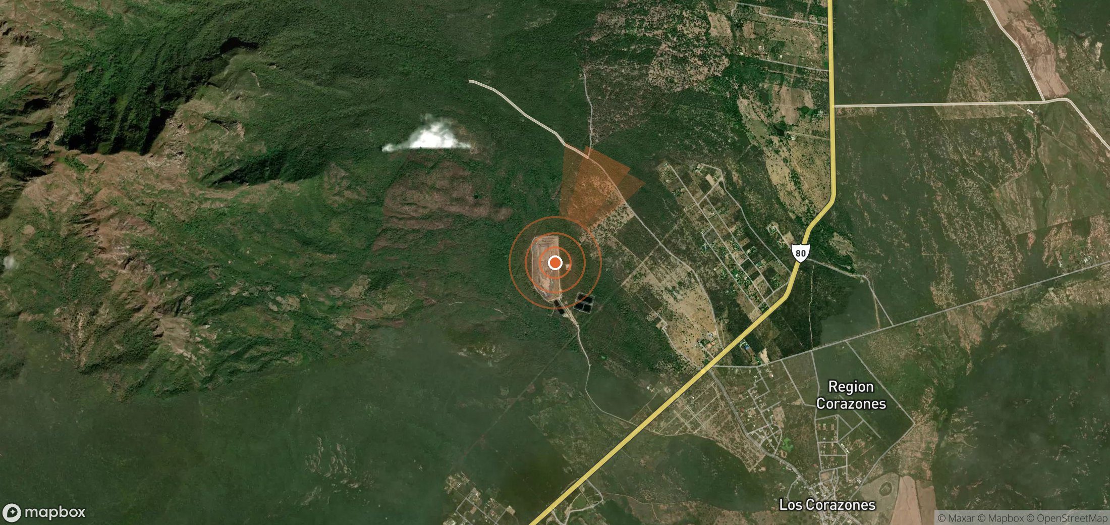 Satellite map of methane plume locations in Colombia
