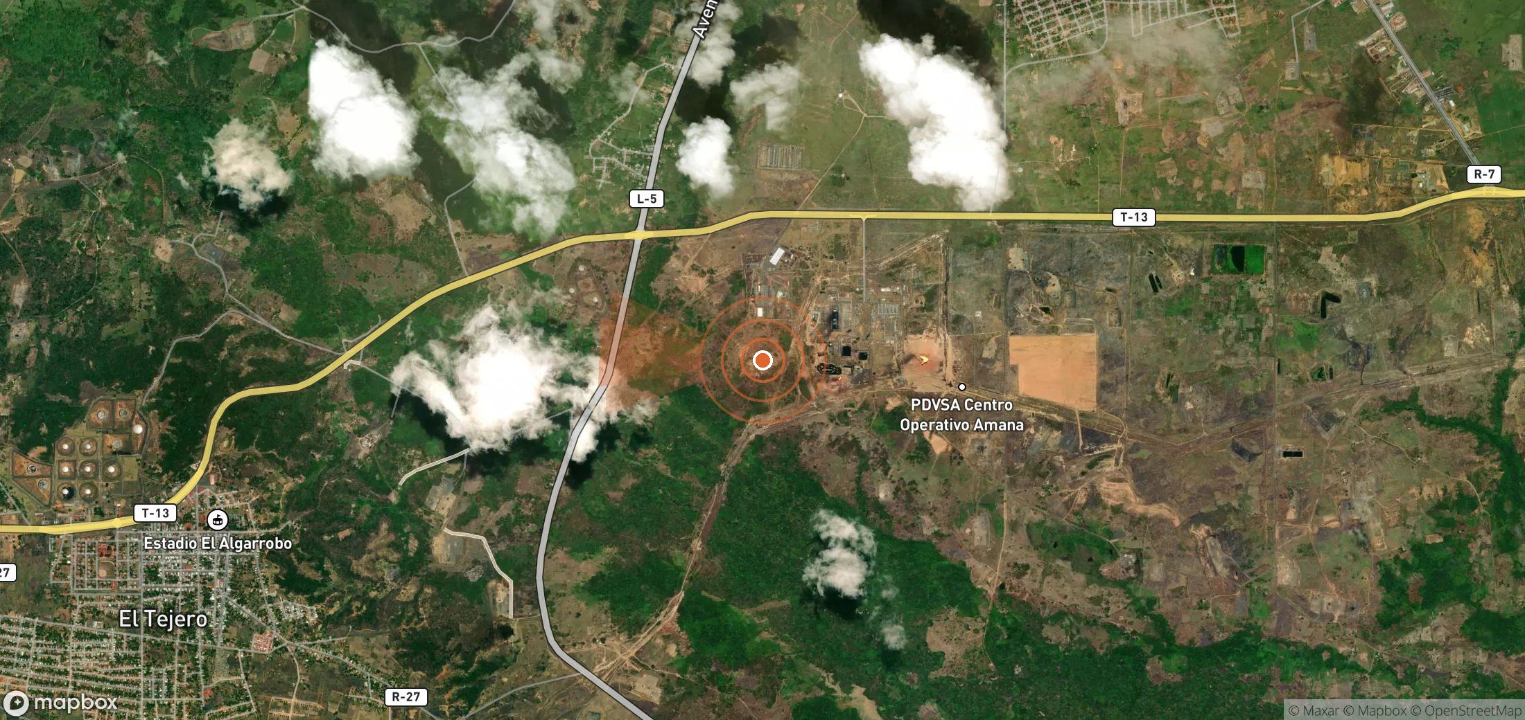 Mapa satelital de plumas de metano en Venezuela