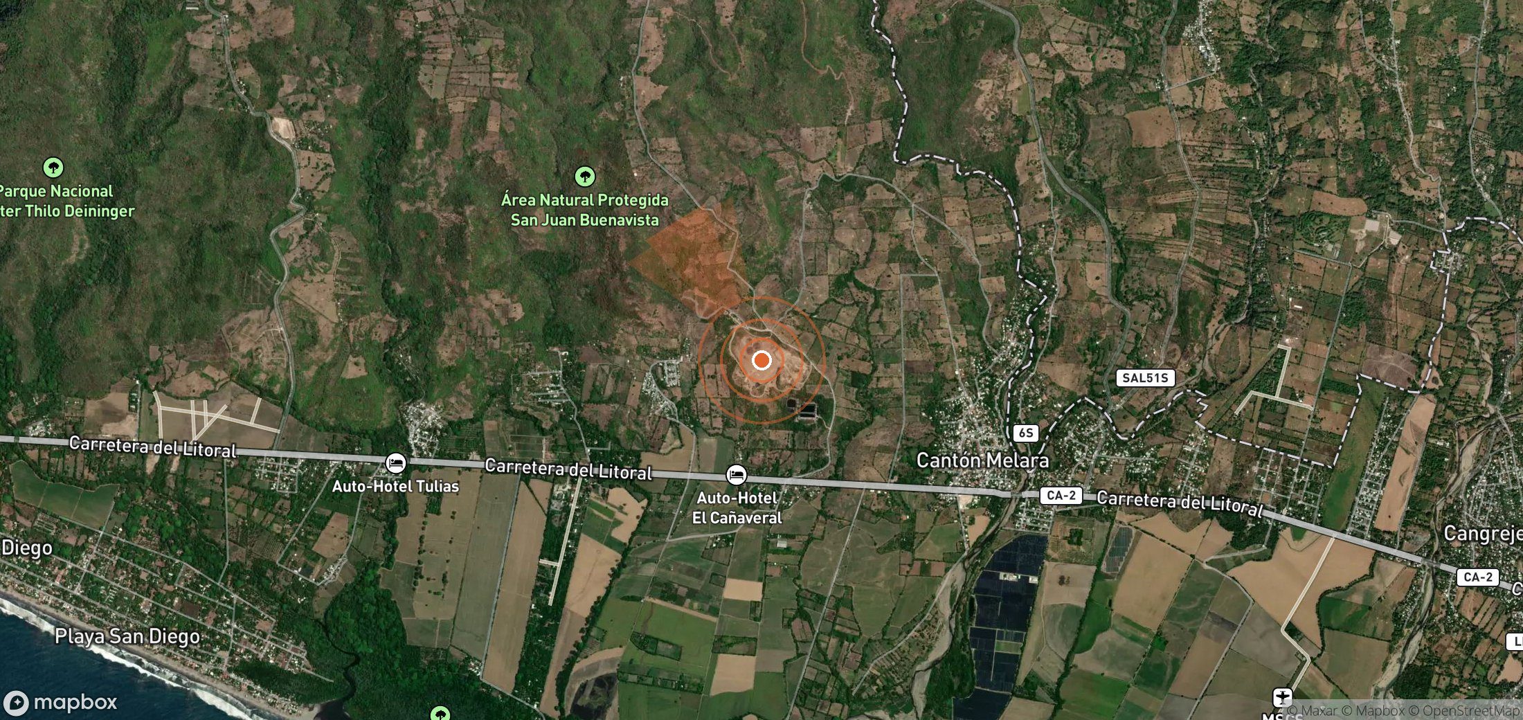 Mapa satelital de plumas de metano en El Salvador