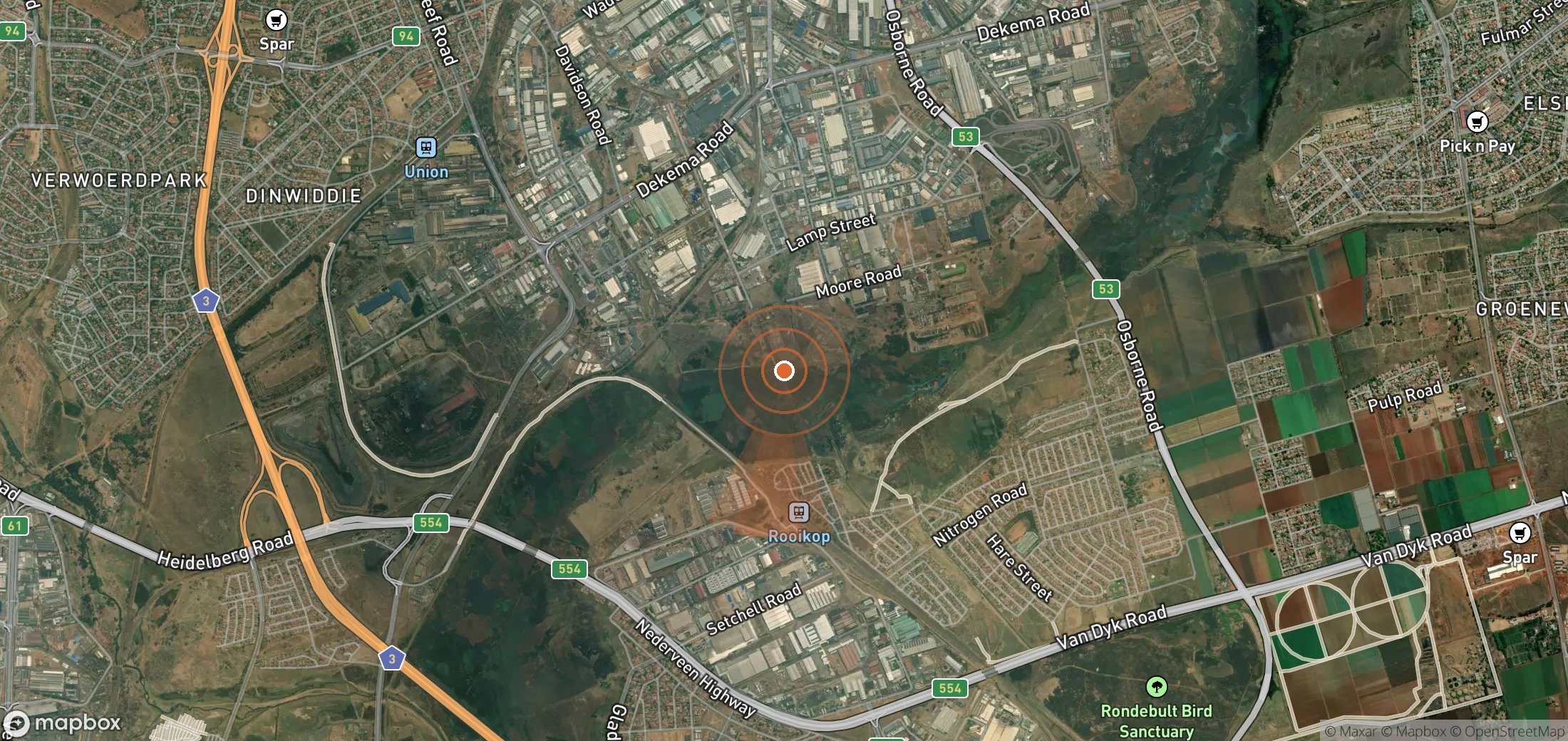 Satellite map of methane plume locations in South Africa