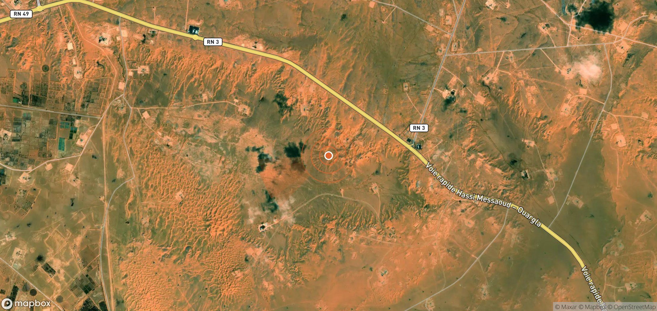 Satellite map of methane plume locations in Algeria