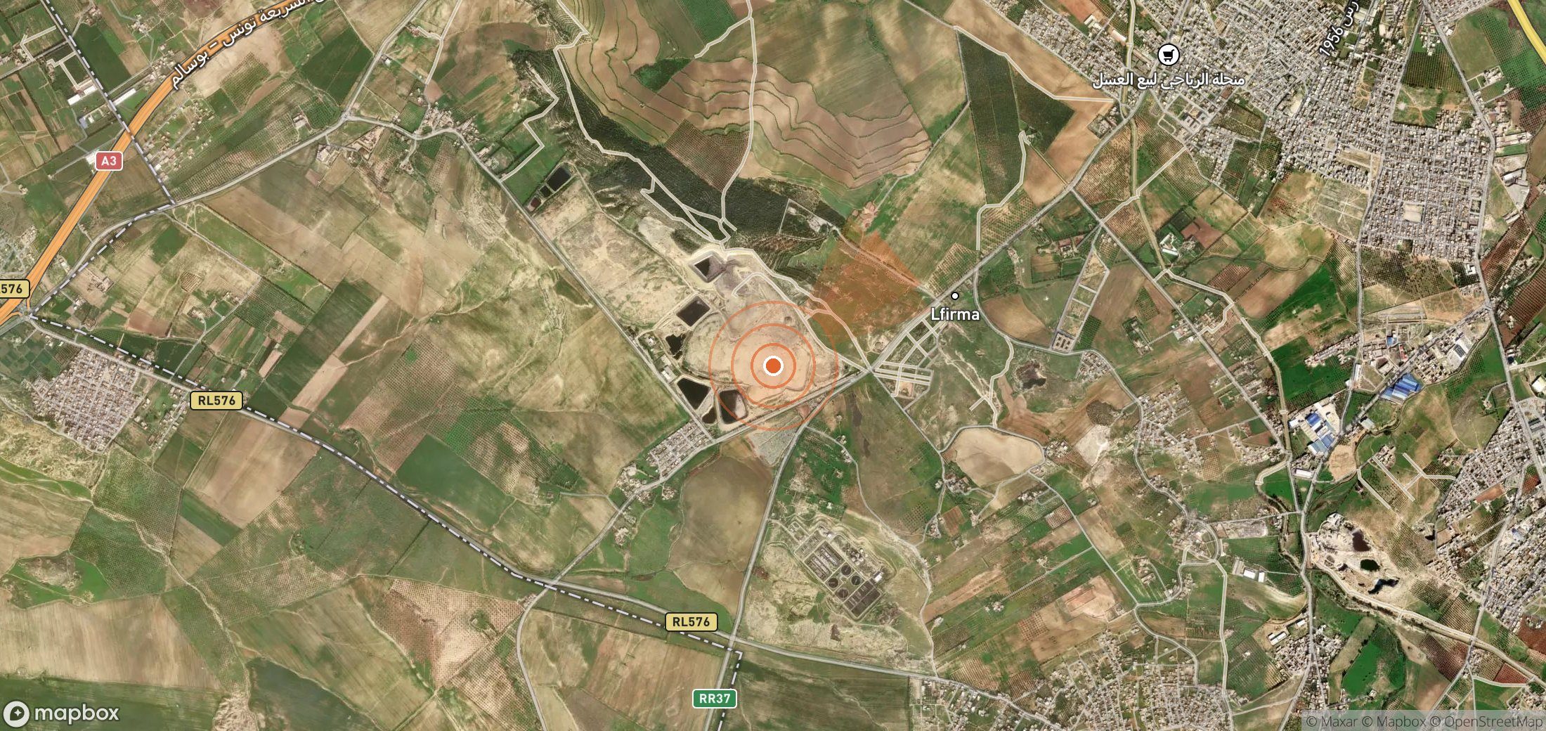 Satellite map of methane plume locations in Tunisia