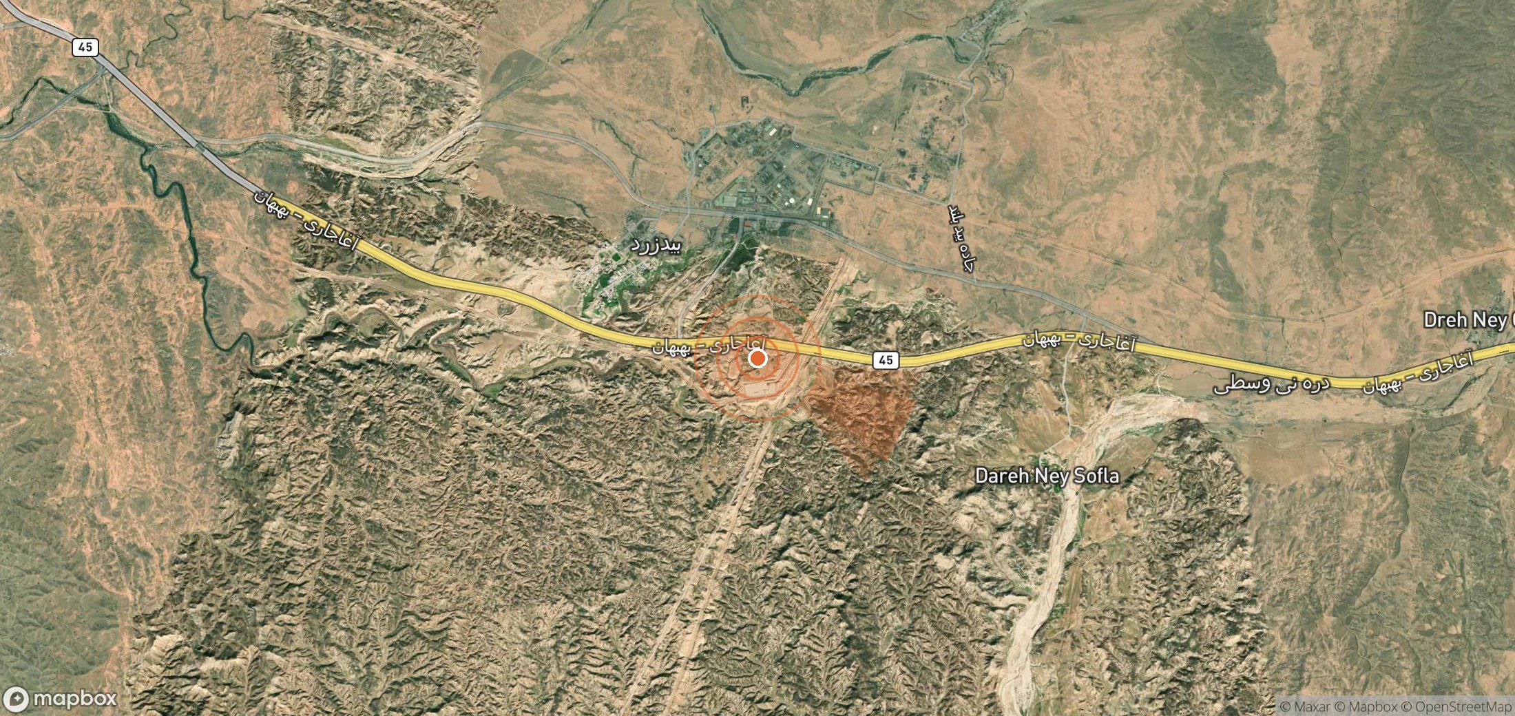 Satellite map of methane plume locations in Iran